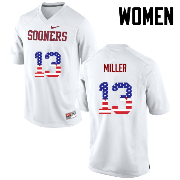 Women Oklahoma Sooners #13 A.D. Miller College Football USA Flag Fashion Jerseys-White - Click Image to Close